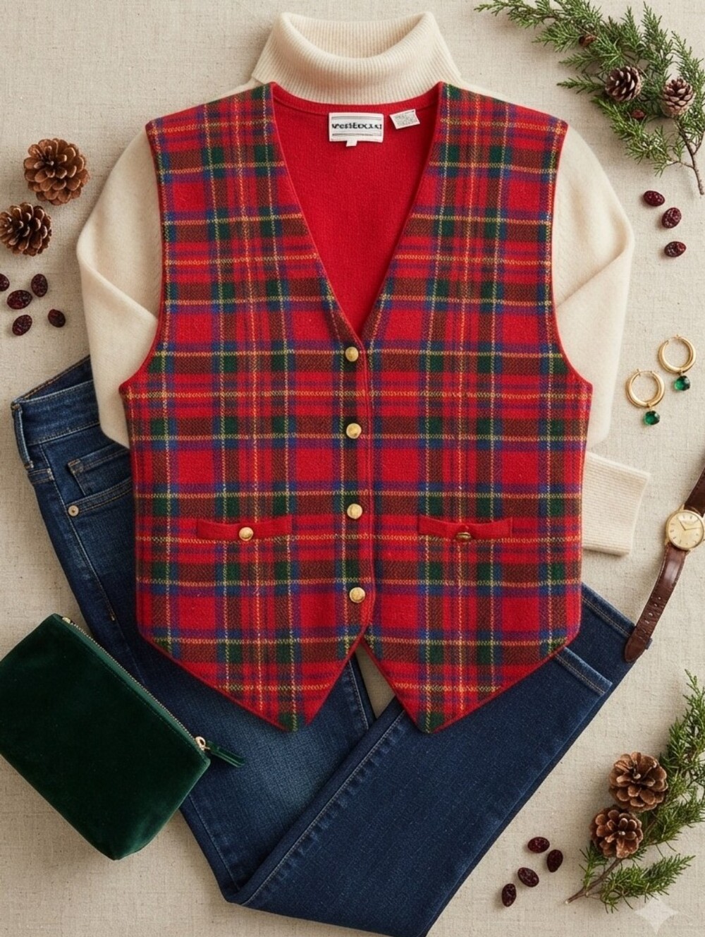Vintage Westbound Primary Color Plaid Button Down Acrylic Wool Sweater Vest